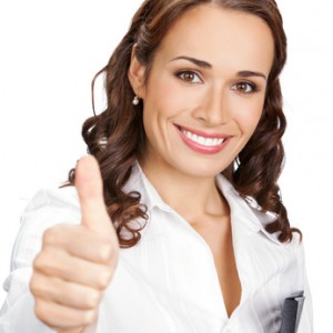 Woman with thumbs up gesture, over white