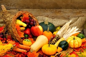 Harvest or Thanksgiving cornucopia filled with vegetables